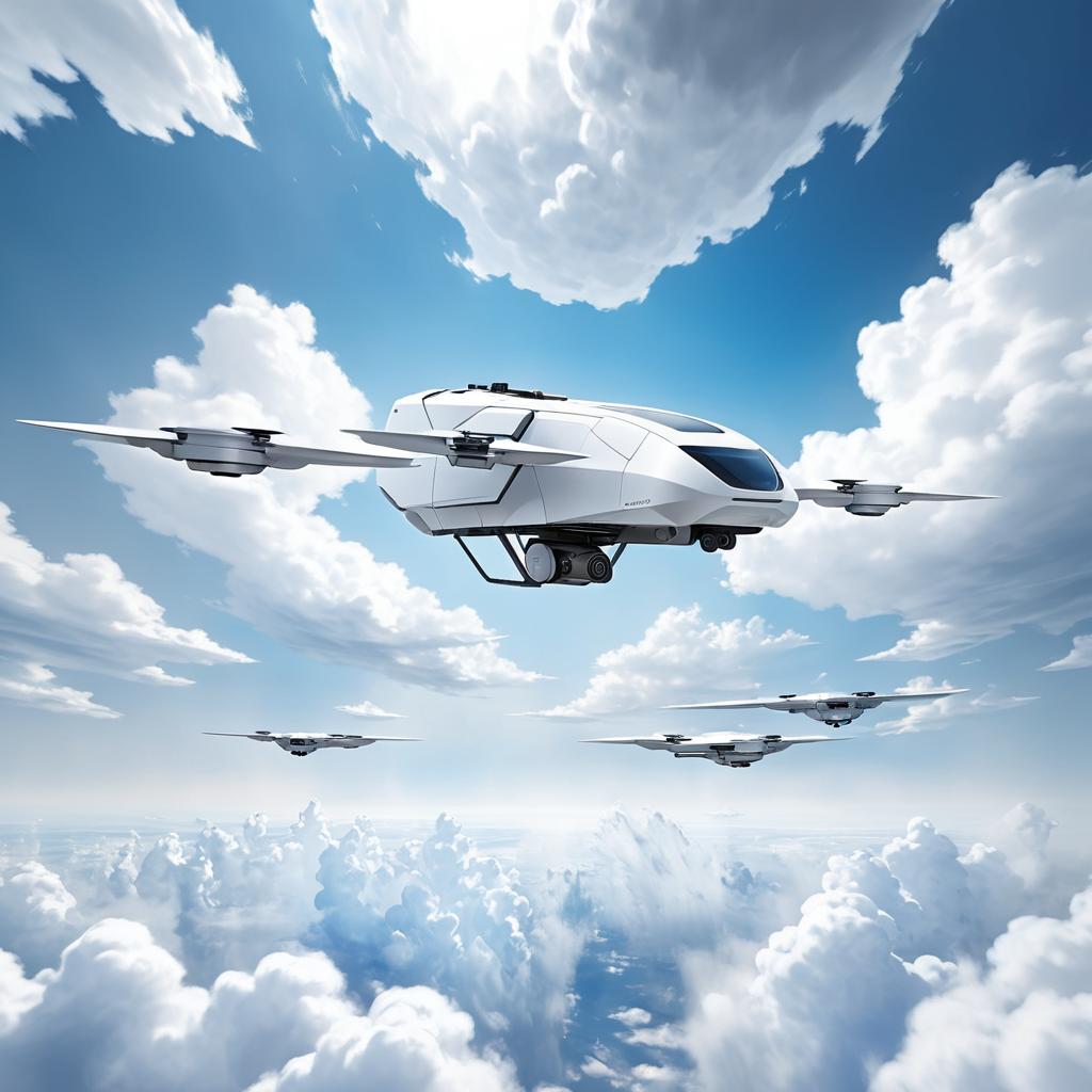 Floating Cargo Drone in Cloudy Sky