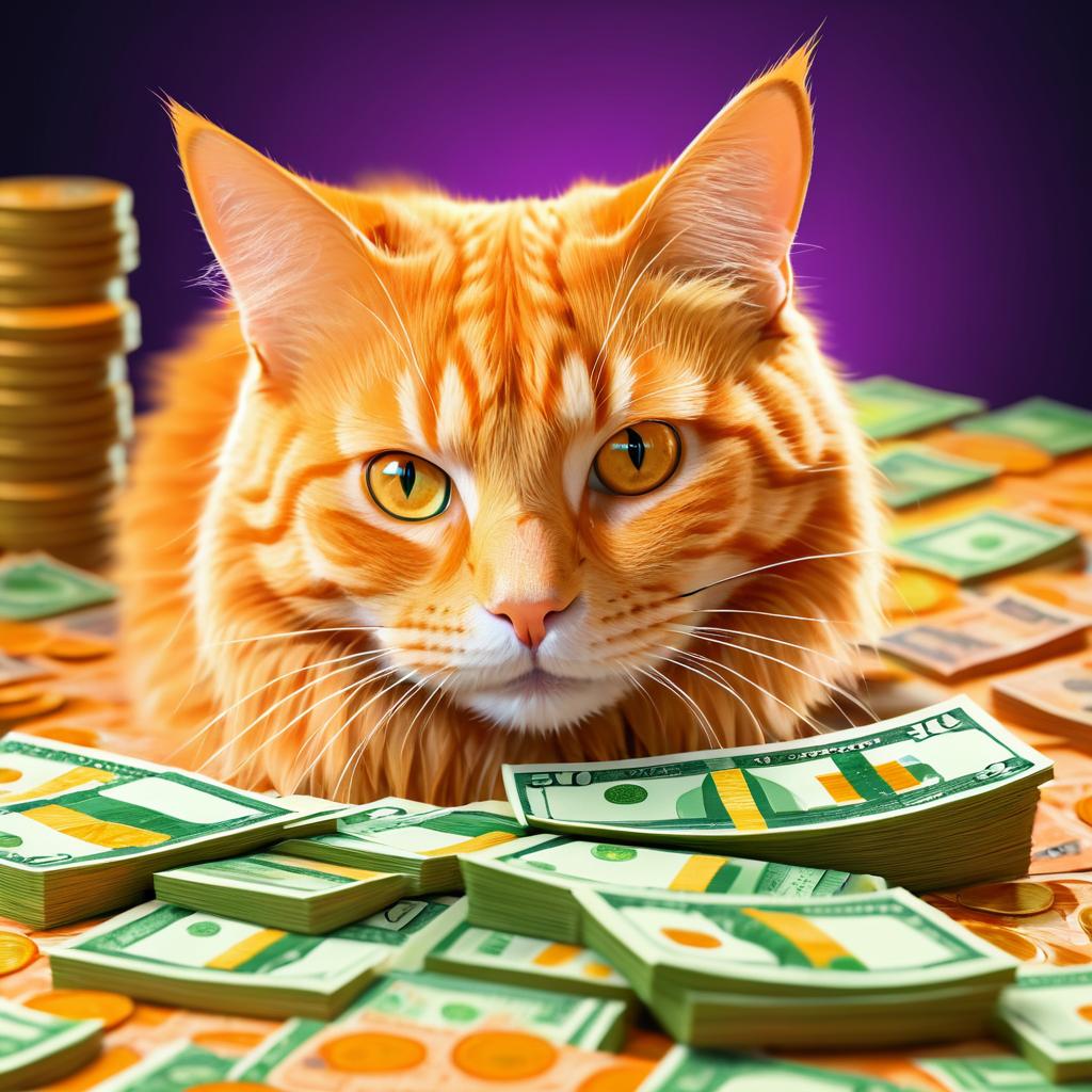 Humorous Portrait of Cat Counting Money