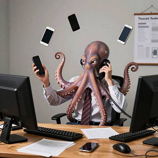 Angry Office Octopus Juggling Phones