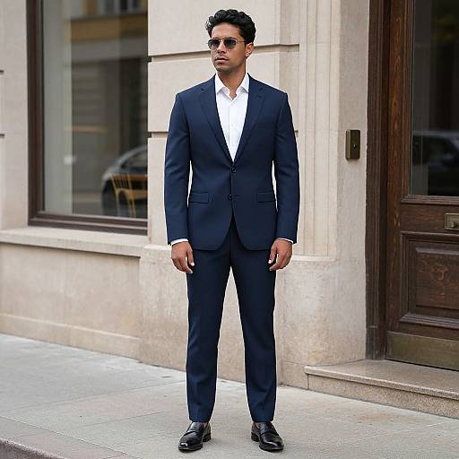 Photograph of a young, handsome man with short, curly black hair, wearing a navy blue suit, white shirt, black shoes, and sunglasses,