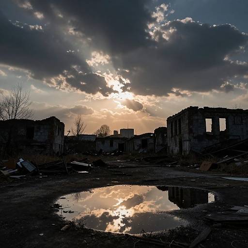 Photograph of a sunset over a ruined, abandoned building with a reflective puddle in the foreground, dark clouds, and silhouetted trees.