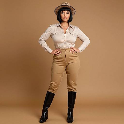 Photograph of a confident woman in a white button-up shirt, beige trousers, black boots, and a brown hat, standing against a beige background.