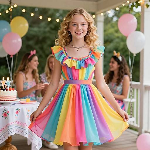 Photograph of a smiling blonde girl with curly hair in a colorful rainbow dress, standing at a festive outdoor party with balloons and friends.
