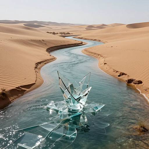 Photograph of a futuristic glass sculpture submerged in a winding, reflective oasis river cutting through sandy desert dunes under a clear sky.