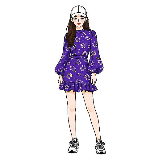 Young Woman in Floral Print Mini Dress and White Cap