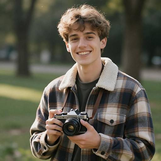 Happy Young Man with Vintage Camera