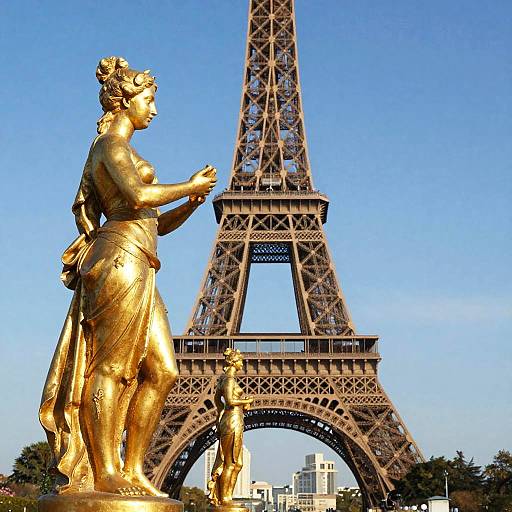 Photograph of a golden statue of a classical woman holding a bouquet in front of the Eiffel Tower against a clear blue sky.