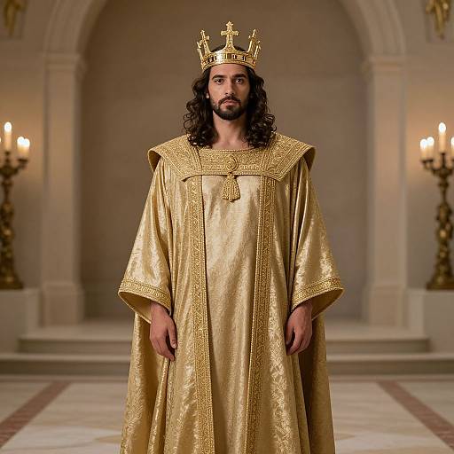 Photograph of a bearded man with long black hair wearing a gold crown and ornate golden robe, standing in a grand, dimly lit arch
