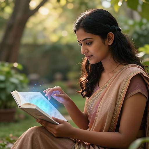 Serene Indian Woman Reading AI Stories