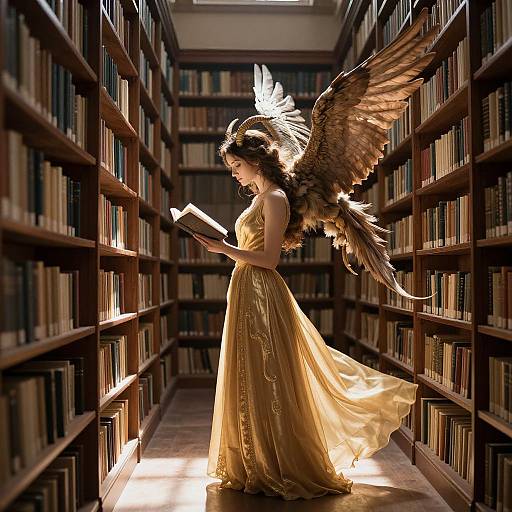 Digital artwork of an angelic woman with large wings, golden dress, and crown, reading a book in a sunlit library.