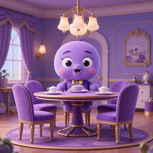 Cute purple cartoon bird with large eyes and blush, dressed in a bowtie, sits at a round table with purple chairs in an elegant, blue