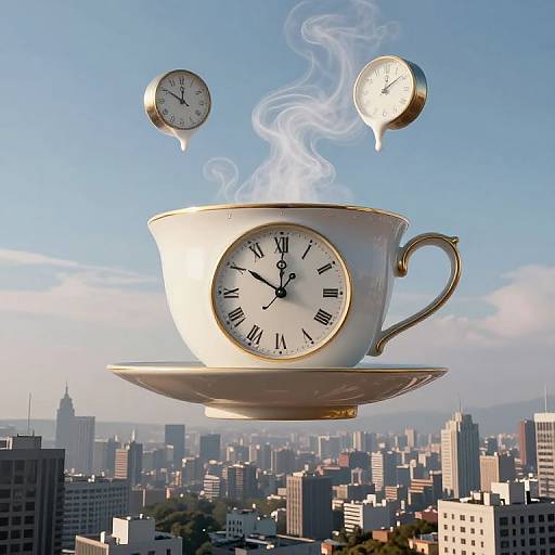 Photograph of a giant white teacup with clock hands floating above a cityscape, with two floating clocks emitting steam.