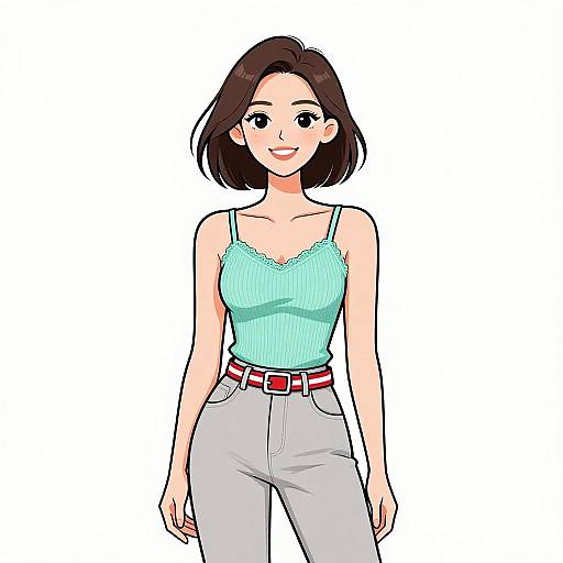 Digital anime-style drawing of a smiling woman with short brown hair, wearing a light green tank top, white high-waisted pants, and a red