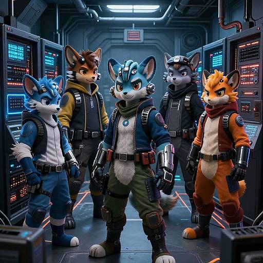 CGI furry characters in sci-fi setting, wearing tactical gear and uniforms, standing in futuristic room with illuminated control panels.