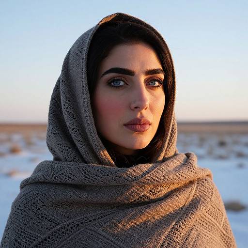 Photograph of a young woman with fair skin and dark brown hair, wearing a thick, gray knitted hooded scarf, standing in a snowy landscape