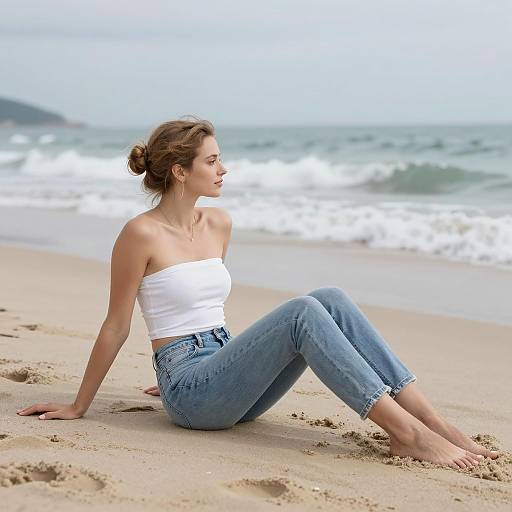 Woman Sitting on Sandy Beach by Ocean
