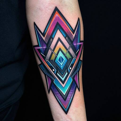 Vibrant geometric tattoo on arm featuring multi-colored, overlapping triangle patterns with a central blue diamond, set against a black background.