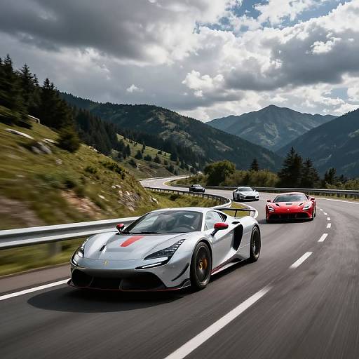Photograph of a white and red sports car speeding on a mountain road, followed by a red sports car, under a cloudy sky. Lush green