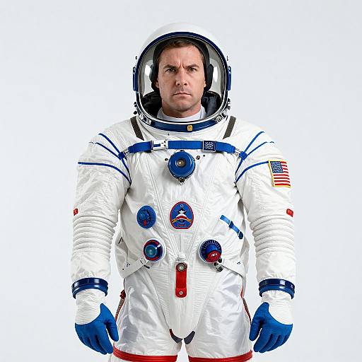 Photograph of a serious-looking male astronaut in a white spacesuit with blue accents, American flag patch, and multiple control buttons.