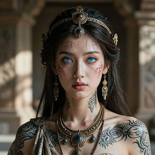 Photorealistic digital art of a tattooed, blue-eyed woman with dark hair, red scars, ornate jewelry, and medieval attire, set against