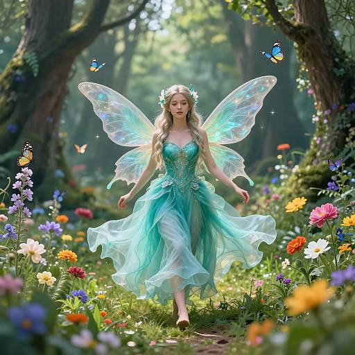 A whimsical fairy with iridescent wings and a turquoise gown floats through a sunlit, colorful forest path, surrounded by butterflies and vibrant flowers.