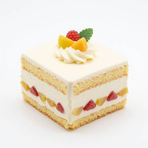 Photograph of a layered cake slice with white cream, raspberry, and almond slices, topped with whipped cream, raspberry, and lemon slice.