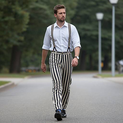 Photograph of a bearded man with short brown hair, wearing a white striped shirt, black suspenders, and black-and-white striped pants, walking