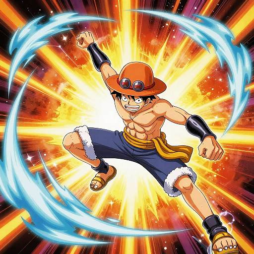 Dynamic anime-style drawing of a muscular, shirtless boy with brown hair, orange hat, blue shorts, and black wristbands, spinning a blue energy