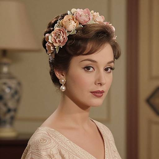 Photograph of an elegant Asian woman with fair skin, dark brown hair in an updo, adorned with floral headpiece, wearing pearl earrings, and
