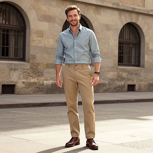 Photograph of a smiling, bearded man in a blue checkered shirt, beige pants, and brown shoes, standing in front of a stone building