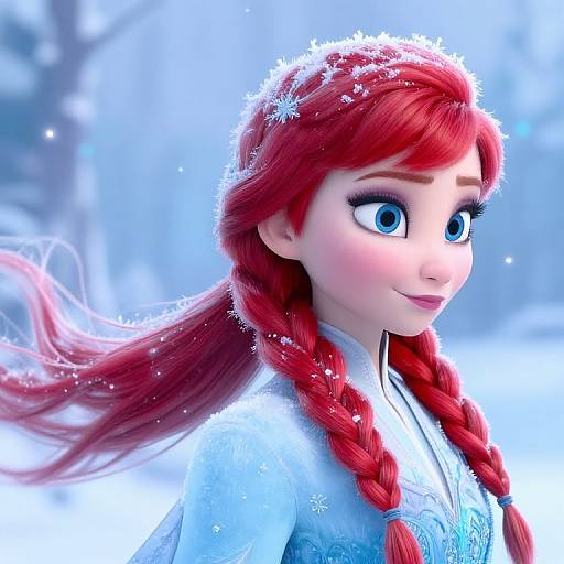 Digital CGI image of Disney's Elsa from Frozen, with red braided hair, blue eyes, snowflakes in her hair, and a blue icy