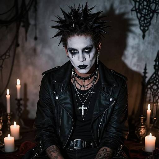 Gothic punk man with white face paint, black spiked hair, leather jacket, cross necklace, black lipstick, candles in dim, shadowy background