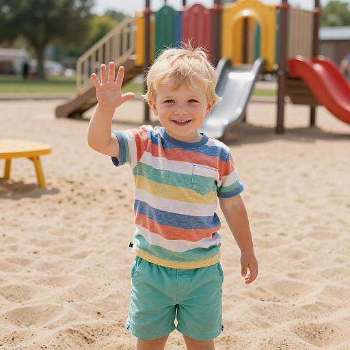 Smiling Blonde Boy Waving at Playground