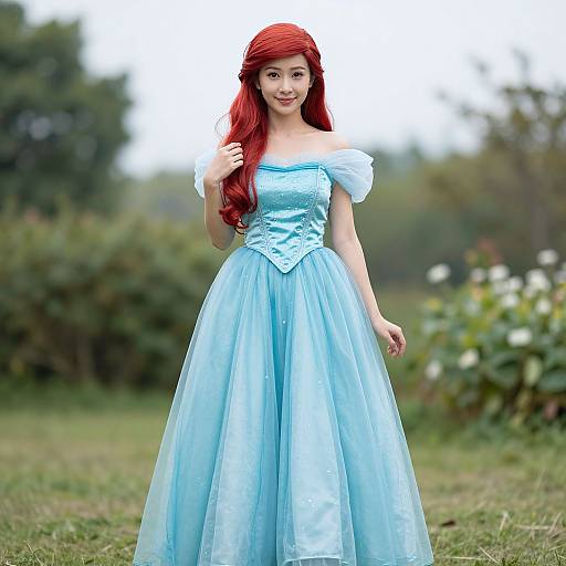 Photograph of an Asian woman with long red hair wearing a light blue, off-shoulder, strapless ball gown in a grassy garden.