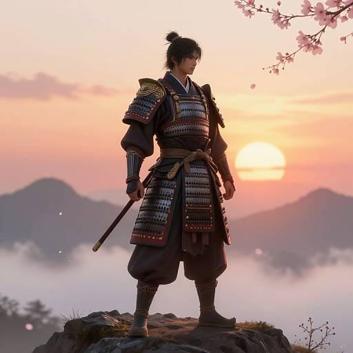 Digital art: Samurai stands on rocky peak at sunset, wearing traditional armor, holding katana, with misty mountains and cherry blossoms in background.