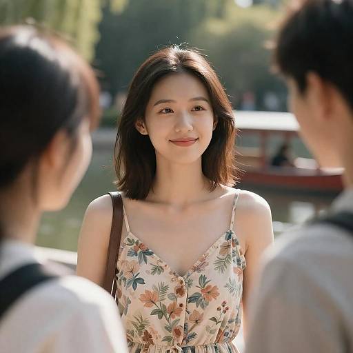 Photograph of an East Asian woman with long black hair, wearing a floral sundress, smiling outdoors beside a blurred river. Two men are partially visible