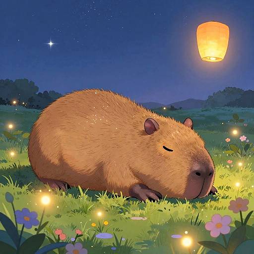Digital illustration of a large, fluffy, brown beaver under a glowing orange lantern in a starry night, surrounded by glowing fireflies and colorful flowers