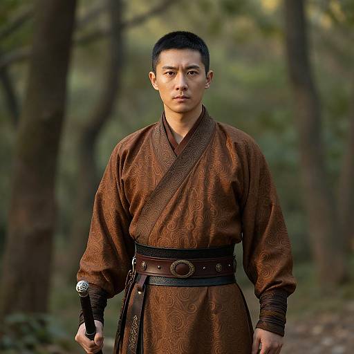 Photograph of an Asian man with short black hair, wearing a brown, patterned kimono with a black belt, standing in a forest. He
