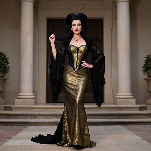 Photograph of a pale-skinned woman with black hair, wearing a gold sequin gown and black fur shawl, standing confidently in front of a