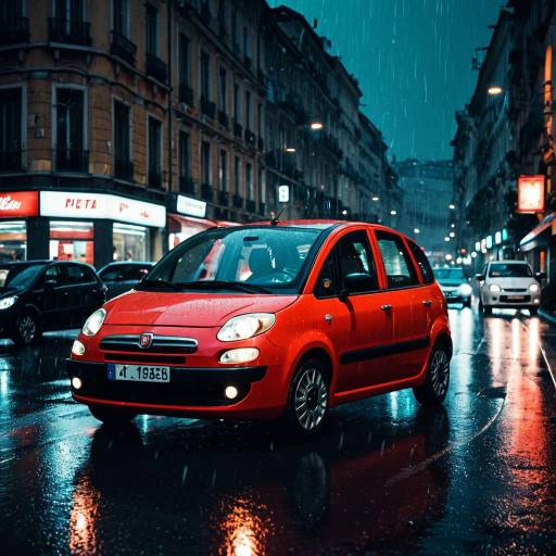 Red Fiat Multipla in Rainy European City Night