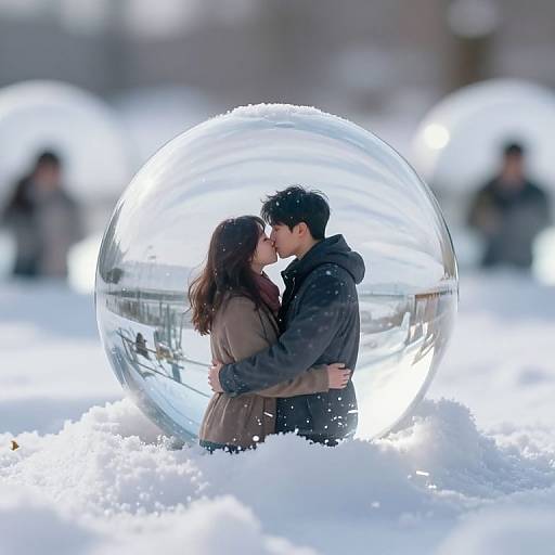 Photograph of a couple kissing inside a clear, spherical glass bubble in a snowy landscape, with blurred, distant figures in the background.