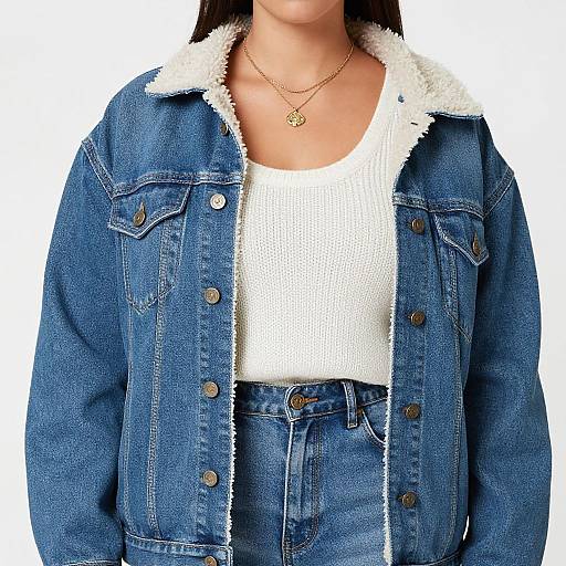 Photograph of a woman wearing a blue denim jacket with white shearling collar, white knit top, and blue high-waisted jeans. Gold necklace