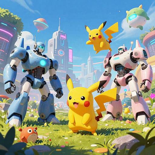 Digital art: Pikachu, two robots, and flying Pokémon in a vibrant, futuristic cityscape with blue skies, colorful buildings, and grassy field.