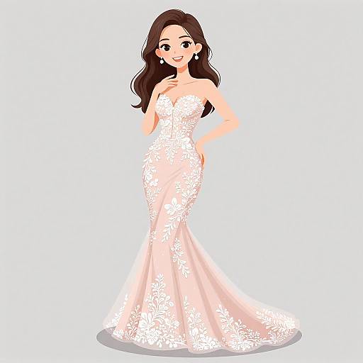 Digital illustration of a smiling Asian woman with long brown hair, wearing a white lace, form-fitting, strapless wedding gown, standing against a plain