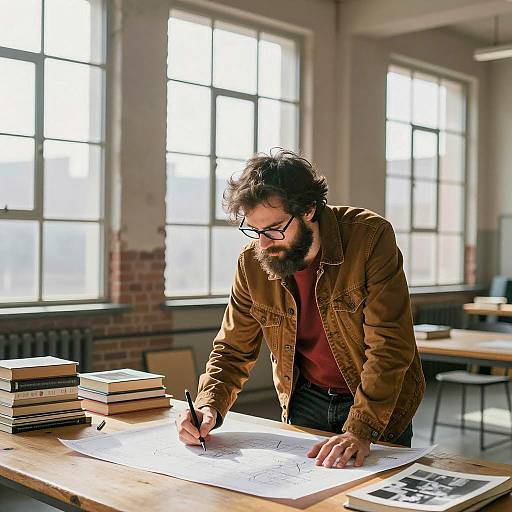 Man Working on Blueprints in Industrial Loft