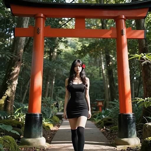 Serene Asian Woman Under Torii Gate