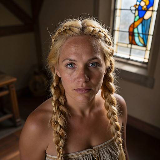 Photograph of a blonde woman with braided hair, blue eyes, and fair skin, wearing a strapless, beaded top, standing in a