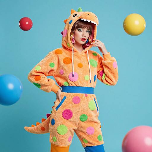 Photograph of a woman in a colorful, polka-dotted, dinosaur-themed onesie with hood, blue belt, and playful balloons in the background