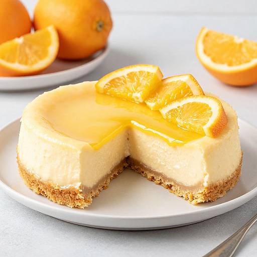 Photograph of a creamy lemon or orange cheesecake with a brown crumb crust, topped with sliced citrus, on a white plate. Background includes whole