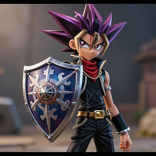 Digital anime-style drawing of a spiky-haired, purple-eyed character with dark attire, holding a shield with a pentagram design, standing confidently in a